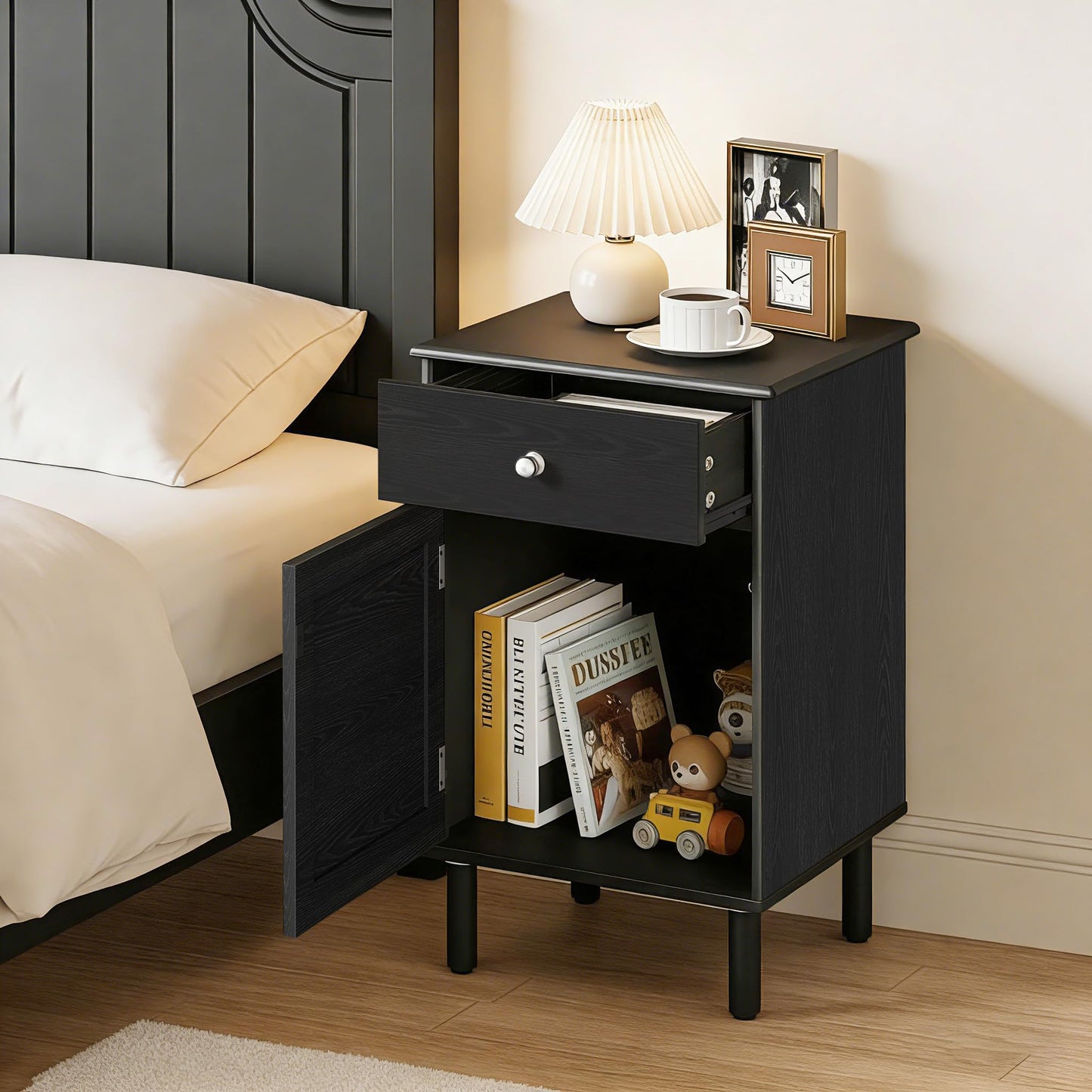 DAELIFKER Black Wood Mid-Century Modern Nightstand, Bedside Table with Drawer and Cabinet, Vintage Wooden Side Table with Storage for Bedroom Living Room, 16"x16"x24"