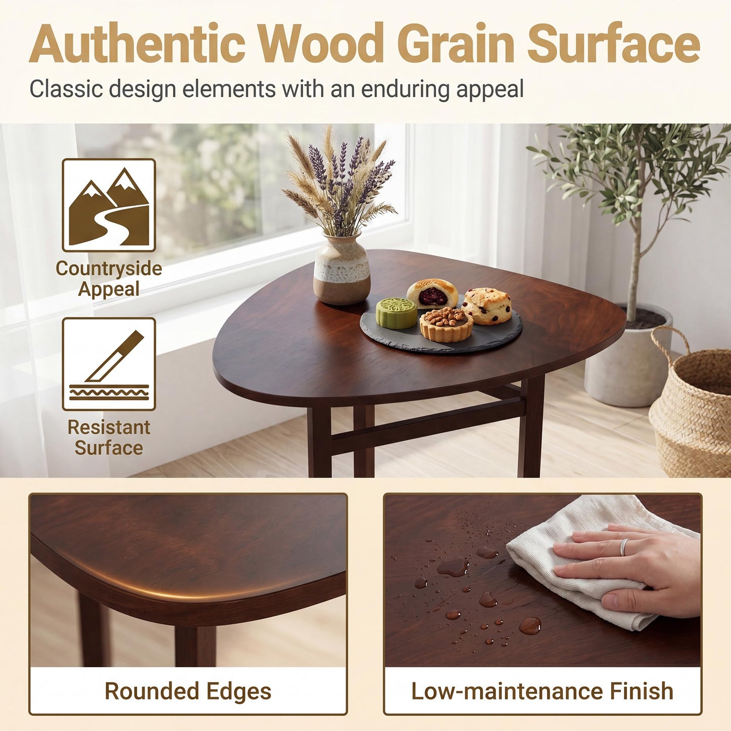 COSTWAY 31.5" Foldable Triangular Dining Table for 2-3, Small Kitchen Table with Walnut Wooden Top, Rubber Wood Legs, Space-Saving Compact Table for Small Apartments & Breakfast Nooks