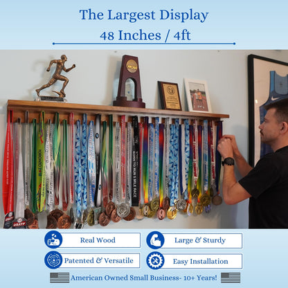 4ft Medal Hanger Display — Trophy Shelf with Hooks for Medals — 48" Solid Wood — Holds 40+ Medals for Running, Gymnastics, Martial Arts, Wrestling, Swimming — White — Medal Awards Rack