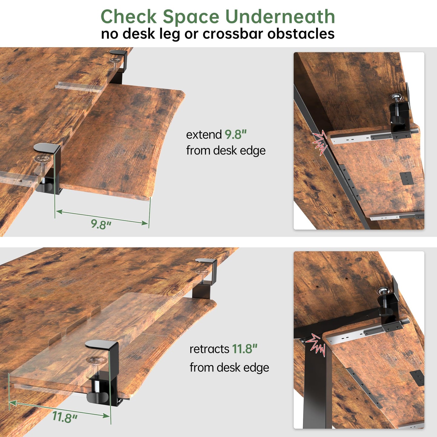 UPGRAVITY Extra Large Keyboard Tray Under Desk - Slide Out with Sturdy C-Clip Mount System, Extra Wide 31.5" (35.8" Including Clamps) x 11.8" Pull-Out Keyboard Computer Drawer, Rustic Vintage Brown