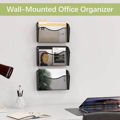 EasyPAG Wall File Organizer 3 Pack, Hanging File Organizer Wall Mount, Metal Mesh Folder Holder for Letter/A4 Papers, Mail Sorter for Office, Classroom, Home, Black