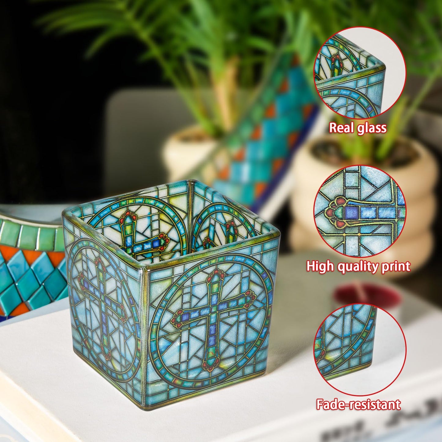 Square Glass Vanity Organizer Religious Cross Altar Ofrenda Qtip Holder Makeup Brush Holder Pen Cup Tealight Candle Holder Table Decor Bronze