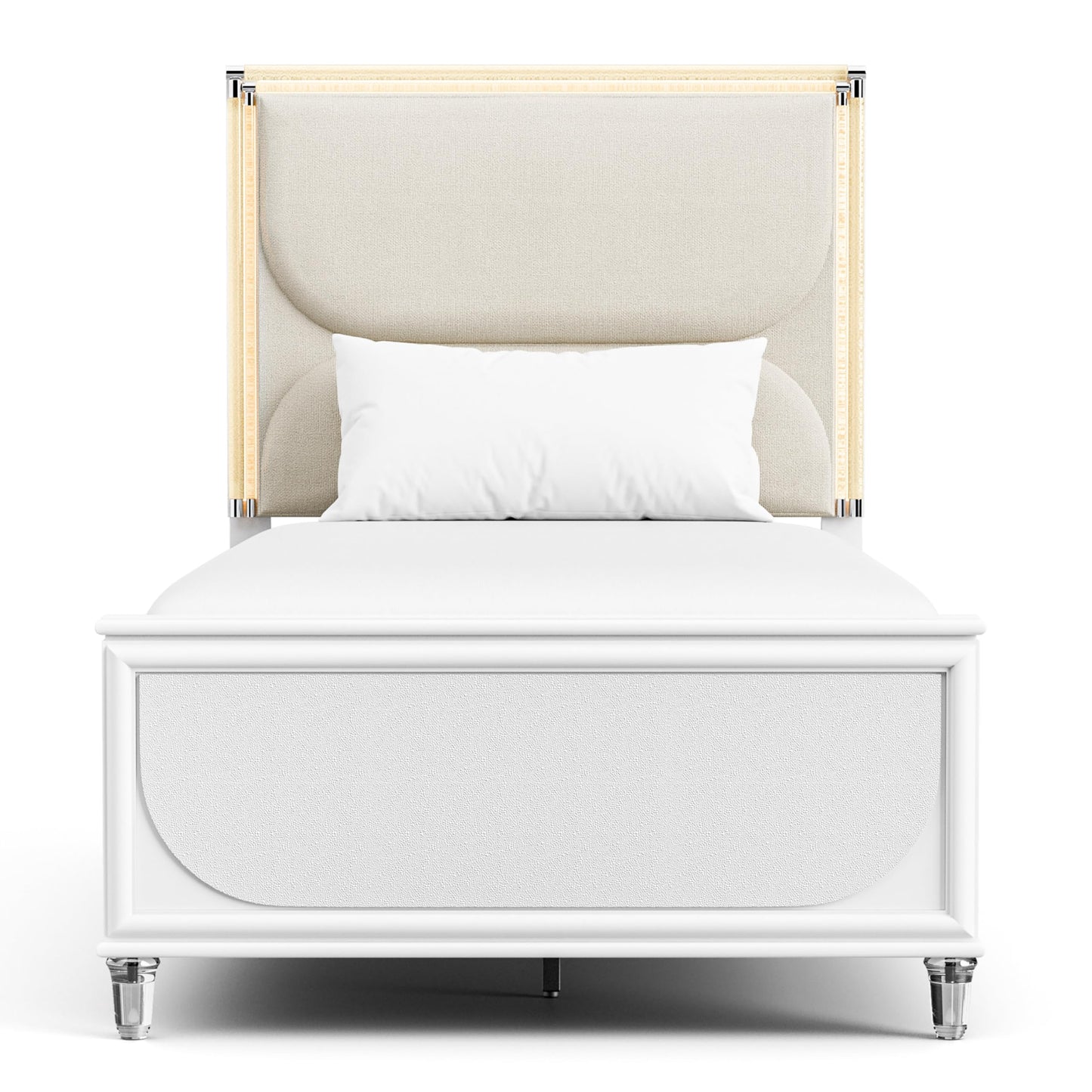 Furniture of America Leila Modern Wood 5-Piece Kids Bedroom Set with LED on Headboard and Mirror, Embossed Panels, Hidden Jewelry Tray, Felt-Lined, No Box Spring Needed, Twin, Pearl White