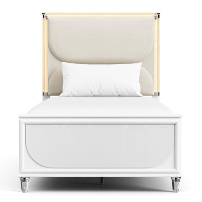 Furniture of America Leila Modern Wood 5-Piece Kids Bedroom Set with LED on Headboard and Mirror, Embossed Panels, Hidden Jewelry Tray, Felt-Lined, No Box Spring Needed, Twin, Pearl White