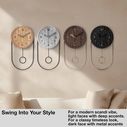 Driini Decorative Wall Clock with Pendulum (Walnut) – Modern Wood, 3D Gold Numbers, Metal Frame – Small, Unique Wall Clocks for Living Room Decor or Bathroom - Battery Operated, Silent, Non-Ticking