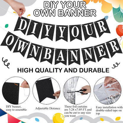 Mooliwe 173 Pcs DIY Custom Banner Kit with 2 Foil Curtain Make Your Own Customizable Letter Banner Sign Decor 20 Paper Pennant 148 Letters Number 1 Rope 2 Threading Device(Classic Style,Black)