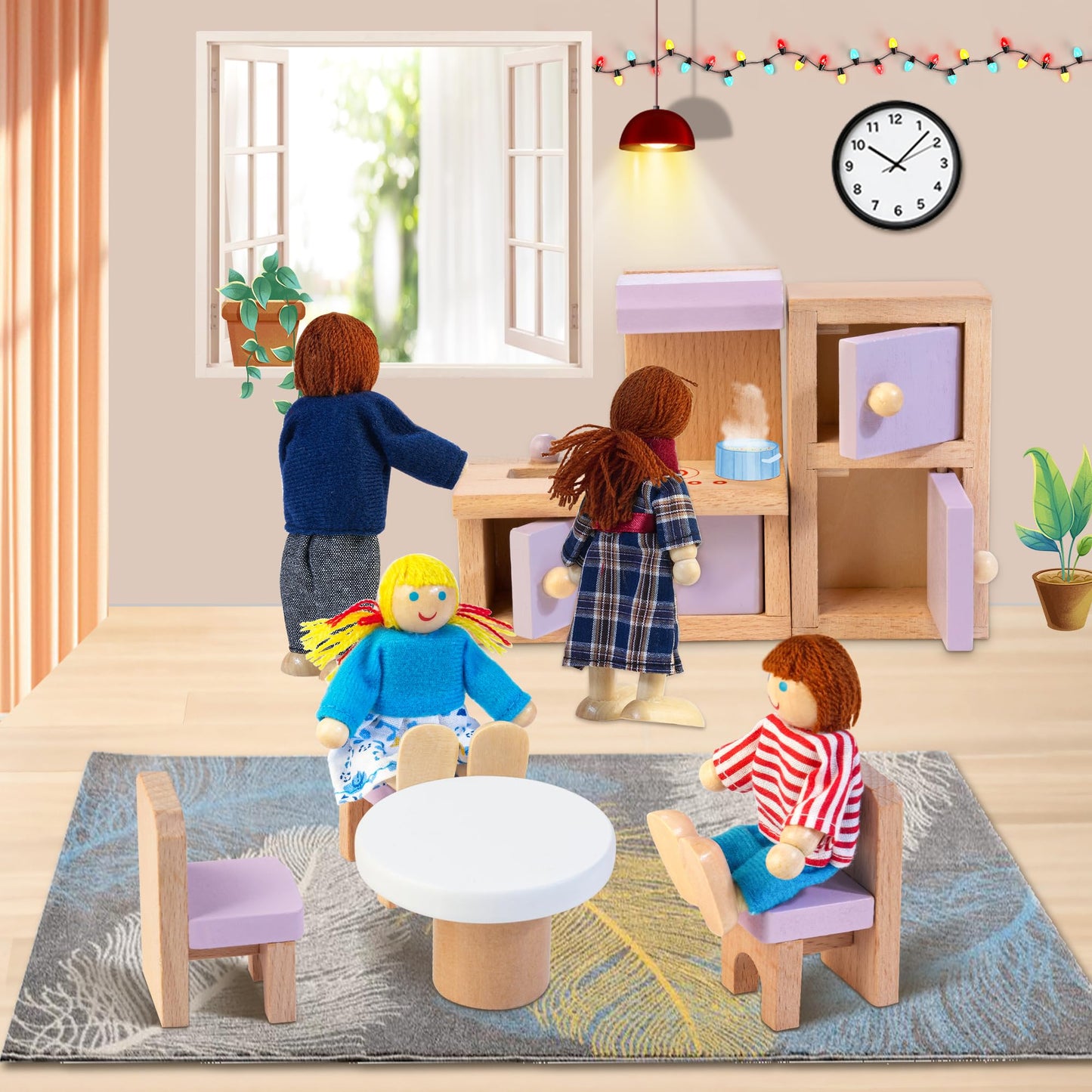 Kizfarm Wooden Dollhouse Furniture Set and Wooden Vanity Set for Kids