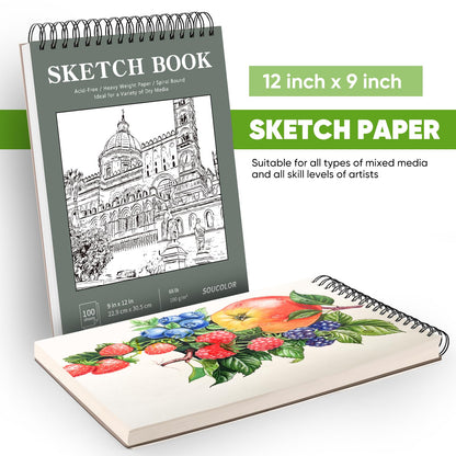 Soucolor 9" x 12" Sketch Book, 1-Pack 100 Sheets Spiral Bound Art Sketchbook, Acid Free (68lb/100gsm) Artist Drawing Book Paper Painting Sketching Pad, College Essentials