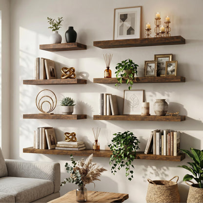 FLYJOE Floating Shelves for Wall, 30 Inch Floating Shelves Set of 2, 8" D Wooden Wall Mounted Display Shelves with Invisible Brackets for Living Room, Bedroom, Bathroom, Kitchen Decor, Brown