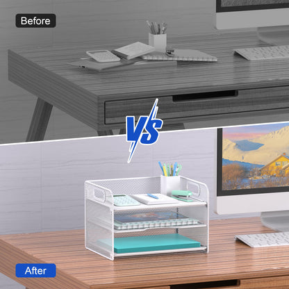 Samstar 3 Tier White Letter Tray Paper Organizer with Handle, Mesh Desk Organizer Paper Sorter File Rack Shelves, White