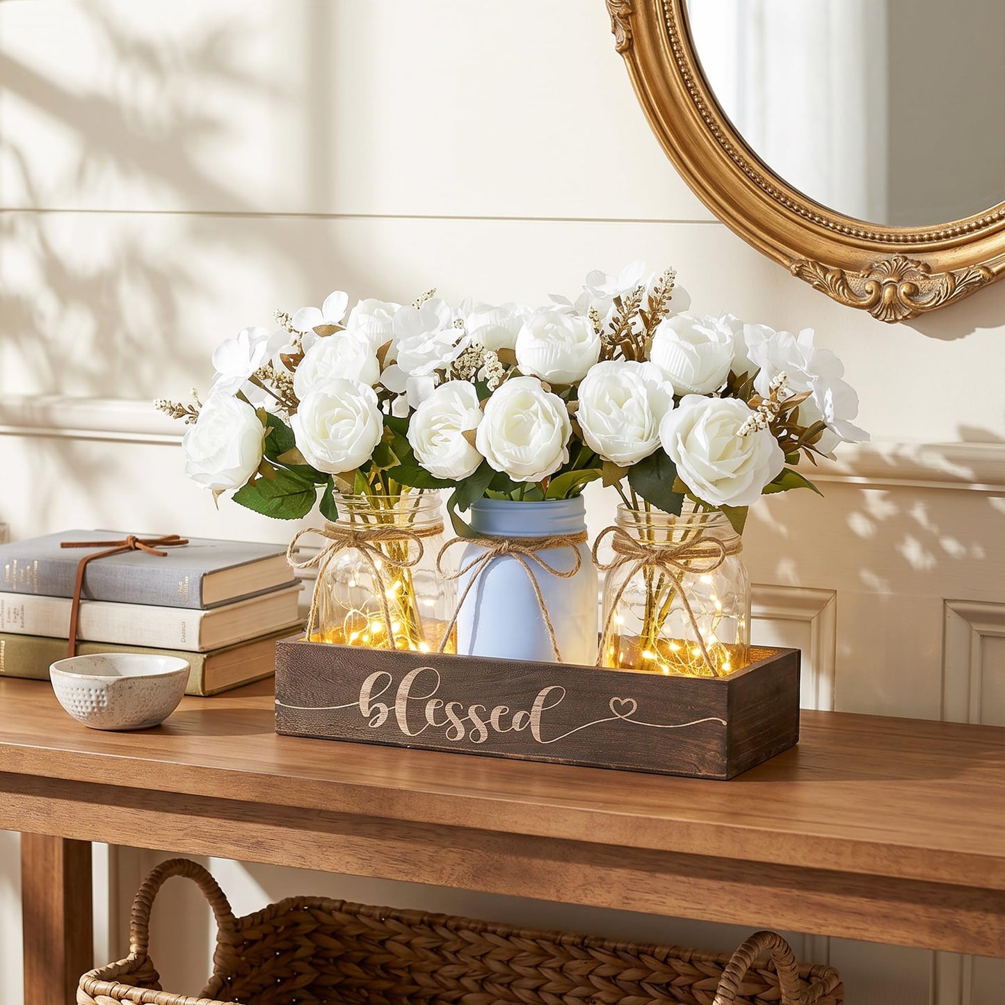 Fancyplus 3 Pcs Mason Jar Centerpiece with Wood Tray & LED Light, Farmhouse Table Decor for Dining Room Kitchen Living Bathroom, Blue