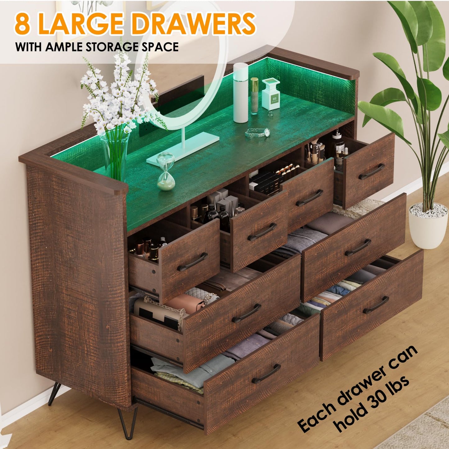 Hetoy Wooden Dressers for Bedroom with 8 Storge Drawers & LED Lights and Charging Station, Brown Wood Chest of Drawers, Modern Deep Drawers Organizer for Closet, Living Room Hallway, Entryway