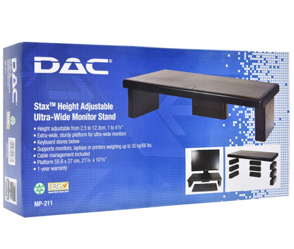DAC STAX Ultrawide Adjustable, Stackable Desktop Computer Monitor Stand Laptop Riser, Supports up to 66 Pounds, with Keyboard Storage, Black (MP-211)