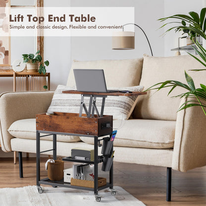 Colima Lift Top End Table with Charging Station and Wheels, Sofa Side Table with USB Port & AC Outlets, Movable Bedside Nightstand with Side Bag for Office Living Room Bedroom(Rustic Wood)