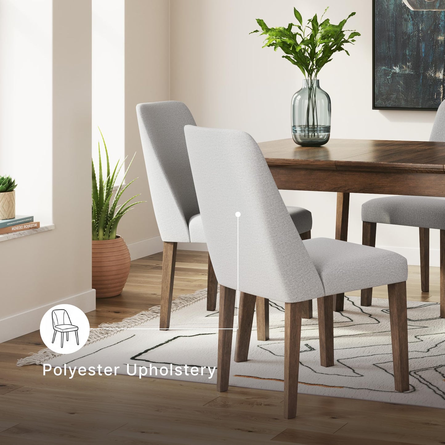 Signature Design by Ashley Lyncott Dining Chairs Set of 2, Mid Century Modern Style, Solid Wood Frame with Light Gray Polyester Upholstery, for Casual Kitchen and Dining Room Spaces, Medium Brown