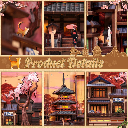 Cutefun Book Nook Kit - DIY Miniature Kyoto House Kit, 3D Wooden Puzzle 400+ Pcs Japanese Bookshelf Decor Bookend with LED, Fold-Out Cherry Blossom Alley Insert for Adults (Twilight Sakura Path)