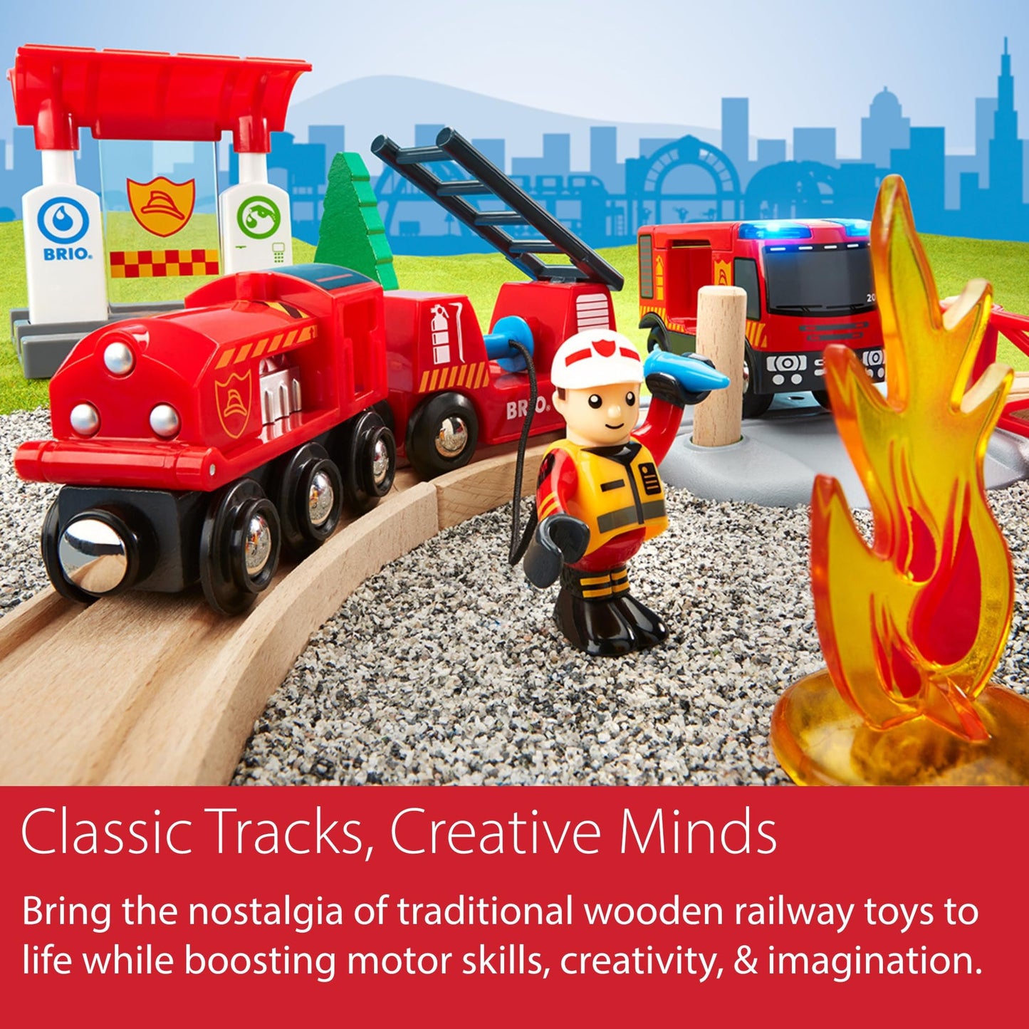 BRIO World Rescue Firefighter Set - 18-Piece FSC-Certified Wood Train Set & Accessories - Fire Train Engine with Lights and Sound, Wooden Tracks & More - Works with All Wooden Train Sets - Ages 3 & Up