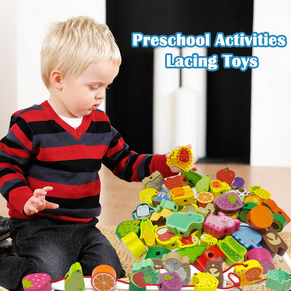 exinddea 46 PCS Wooden Lacing Beads,Animals Fruits Threading Toys for Toddlers,Preschool Learning Lacing Toys,Montessori Educational Stringing Threading Beads Toys for Kids 3 4 5 6 Year Old Boys Girls