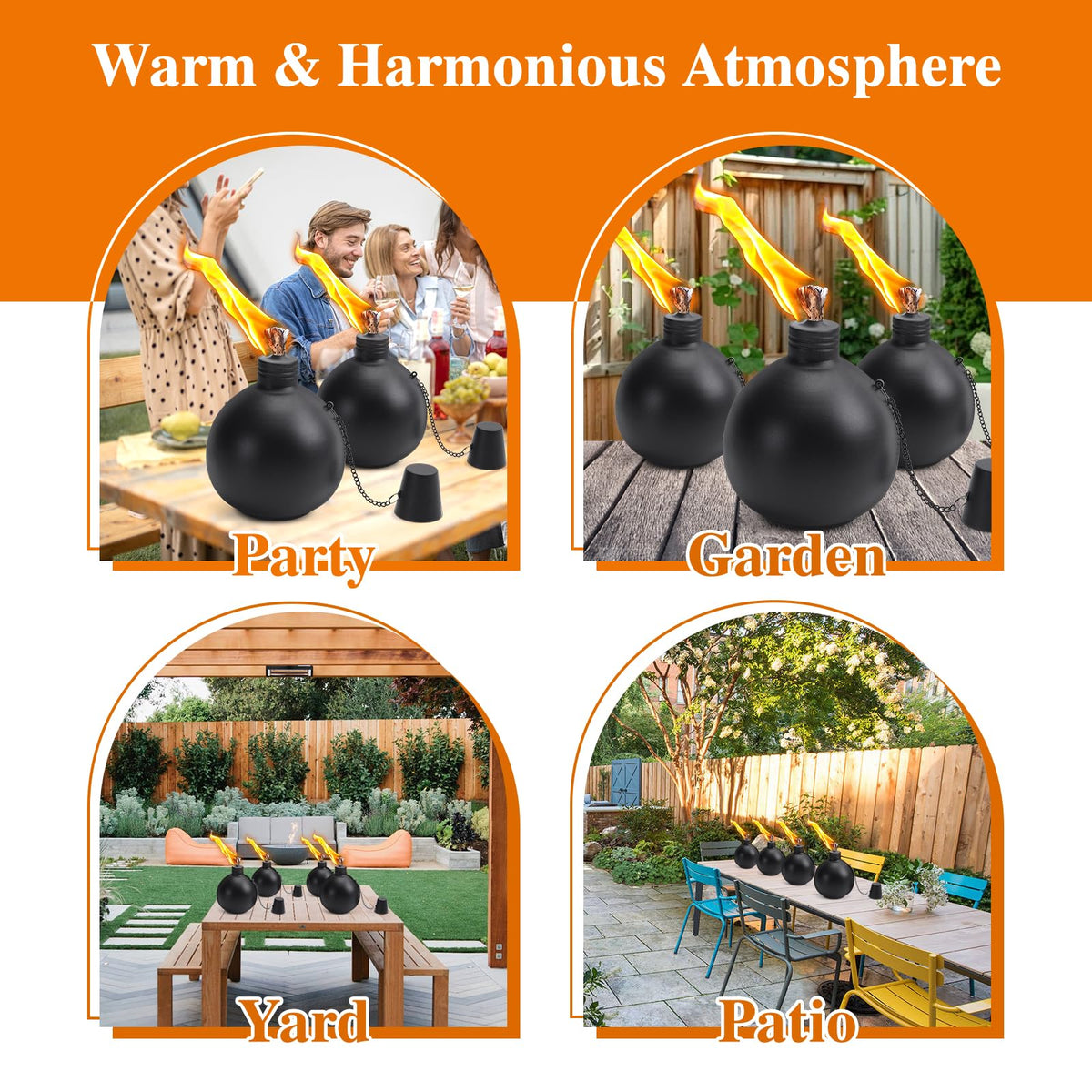 MQKIWAO Citronella Tabletop Torches, 25 oz Metal Oil Burner Candles, Black, 4 Pack, Model ZMZT-4P