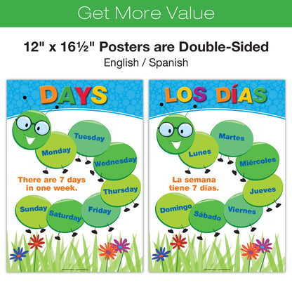 Global Printed Products, 20 Large Educational Posters For Kids (16.5x12 Double Sided English/Spanish) Alphabet Colors Letters Numbers Shapes Months Days Weather Time Animals Solar System Seasons Map