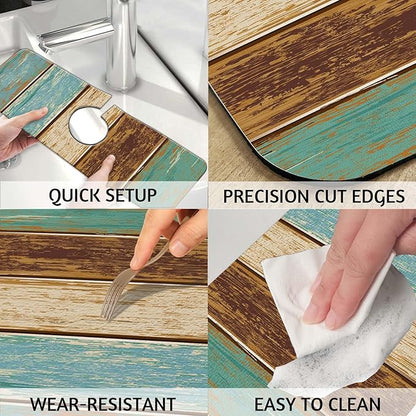 MCALK Wood Pattern Teal Kitchen Sink Faucet Mat Splash Guard, Absorbent