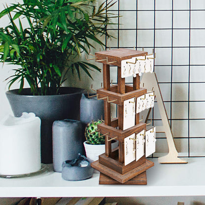 Ikee Design Elegant Wooden Rotating Jewelry Tower, 36 Hooks for Earrings, Bracelets, and Keychains, Versatile Countertop Rack for Store, Tradeshow, and Home, Brown Color