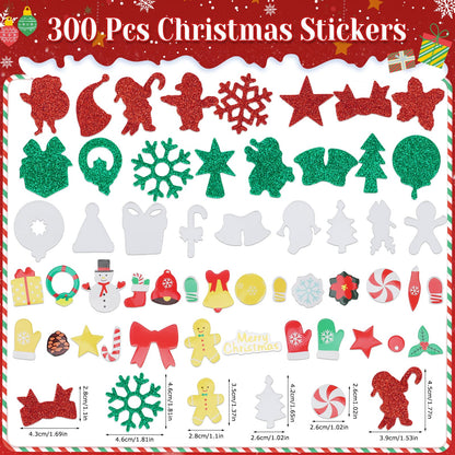 Coopay 300 Pcs Christmas Foam Stickers, Self-Adhesive Glitter Foam Stickers for Crafts, Holiday DIY Adhesive Crafts for Christmas Art Winter Greeting Cards Scrapbooking Home & Party Decoration
