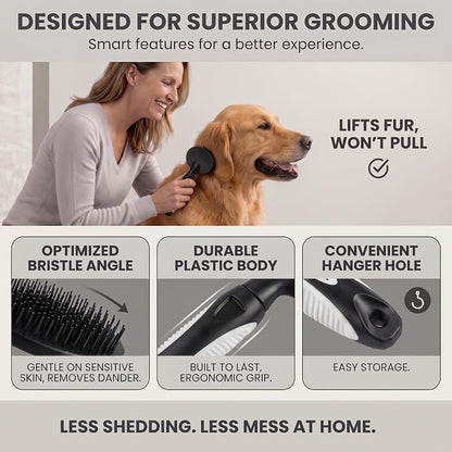 Round Bristle Pet Brush for Dogs and Cats - Soft Dog Brush for Grooming Short or Long Hair - Gentle Tool for Sensitive Skin Removes Dander, Dirt, and Detangles (Black)