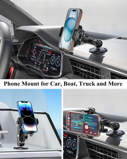 BRCOVAN Anti-Theft Phone Mount Holder with Vibration Dampener [Camera Friendly] [1s Lock & Release] with Aluminum Round Base & Medium Arm, for Car Boat Truck Motorcycle UTV, Fit 5.4-7.2'' Smartphones