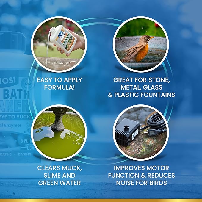 ADIOS! Bird Bath Cleaner for Outdoor Fountains and Bowls, Safely Cleans Metal, Glass and Stone (16oz)