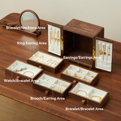THFLSTR Solid Black Walnut Wood Jewelry Box for Women & Men, Large Velvet Lined Wooden Jewelry Organizer with 5 Drawers, Hand Carved Ginkgo Leaf Handles, Double Door Wardrobe Design
