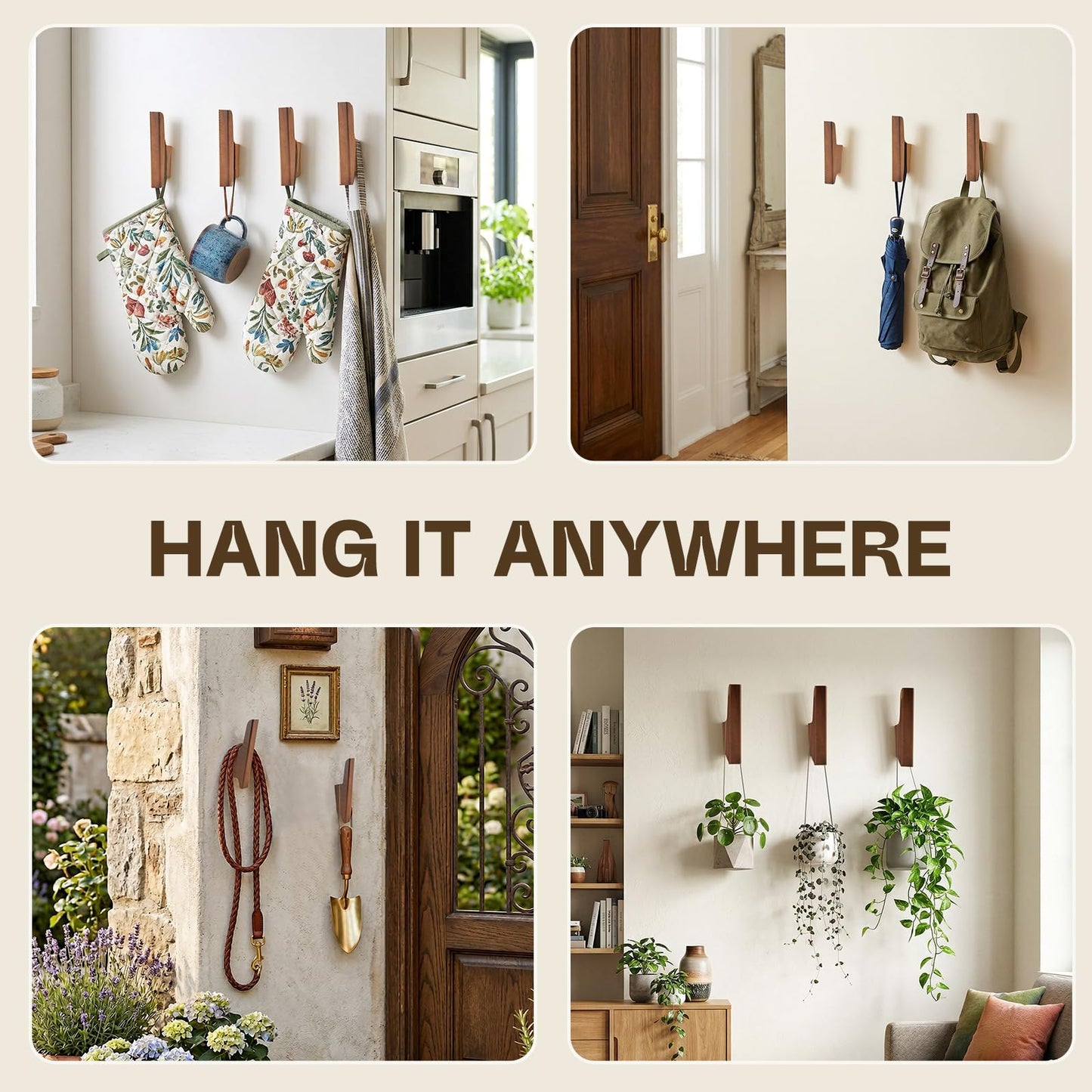 CRSWHA Natural Wood Coat Hooks,4 Pack Wall Mounted Wooden Hat Hook,Rustic Decorative Backpack Holder for Entryway,Heavy Duty Towel Hooks for Hanging Coats, Bag,Hat,Purse(Walnut)