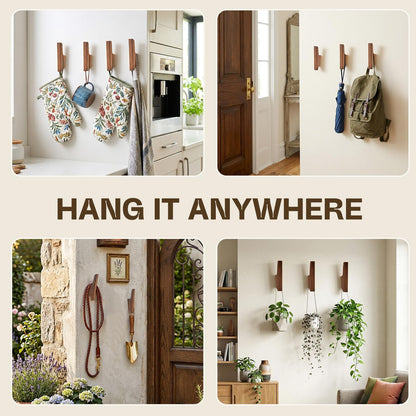 CRSWHA Natural Wood Coat Hooks,4 Pack Wall Mounted Wooden Hat Hook,Rustic Decorative Backpack Holder for Entryway,Heavy Duty Towel Hooks for Hanging Coats, Bag,Hat,Purse(Walnut)