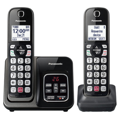 Panasonic Cordless Phone with Answering Machine, Advanced Call Block, Bilingual Caller ID and High-Contrast Display, Expandable System with 2 Handset Cordless Telephones - KX-TGD832M (Metallic Black)