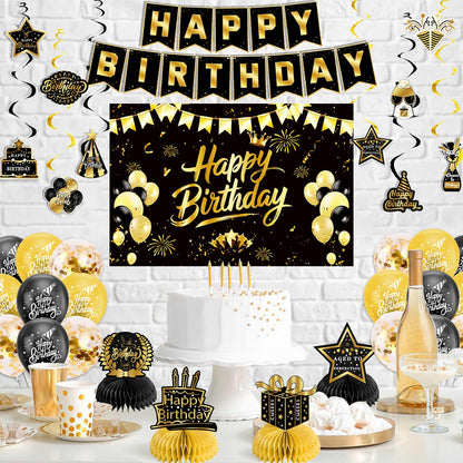Black Gold Birthday Decorations for Men Women, Pre-Strung Happy Birthday Banner with Backdrop, Balloons,Honeycomb Centerpieces & Streamers Kit