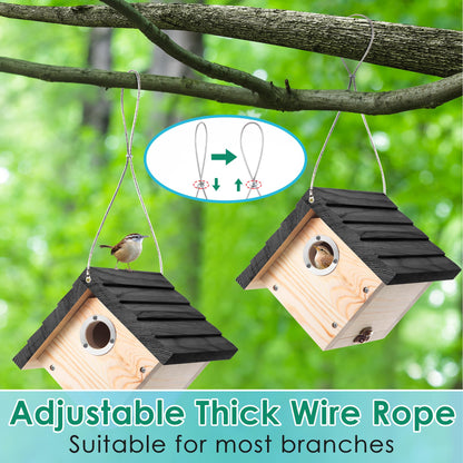Dreyoo 1 Pack Wren House, 1-1/8'' Entrance Hole Hanging Wooden Wren Bird Houses for Outside with Metal Guard, Air Vents, Pine Wood for Chickadees(Black)