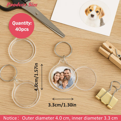 ROHIJALE 40Packs Clear Round Photo Keychains Outer diameter 1.57 Inch DIY Acrylic Blank Keychain Inserts Transparent Plastic Photo Frame Key Ring for Personalized Picture, Logo, or Crafts