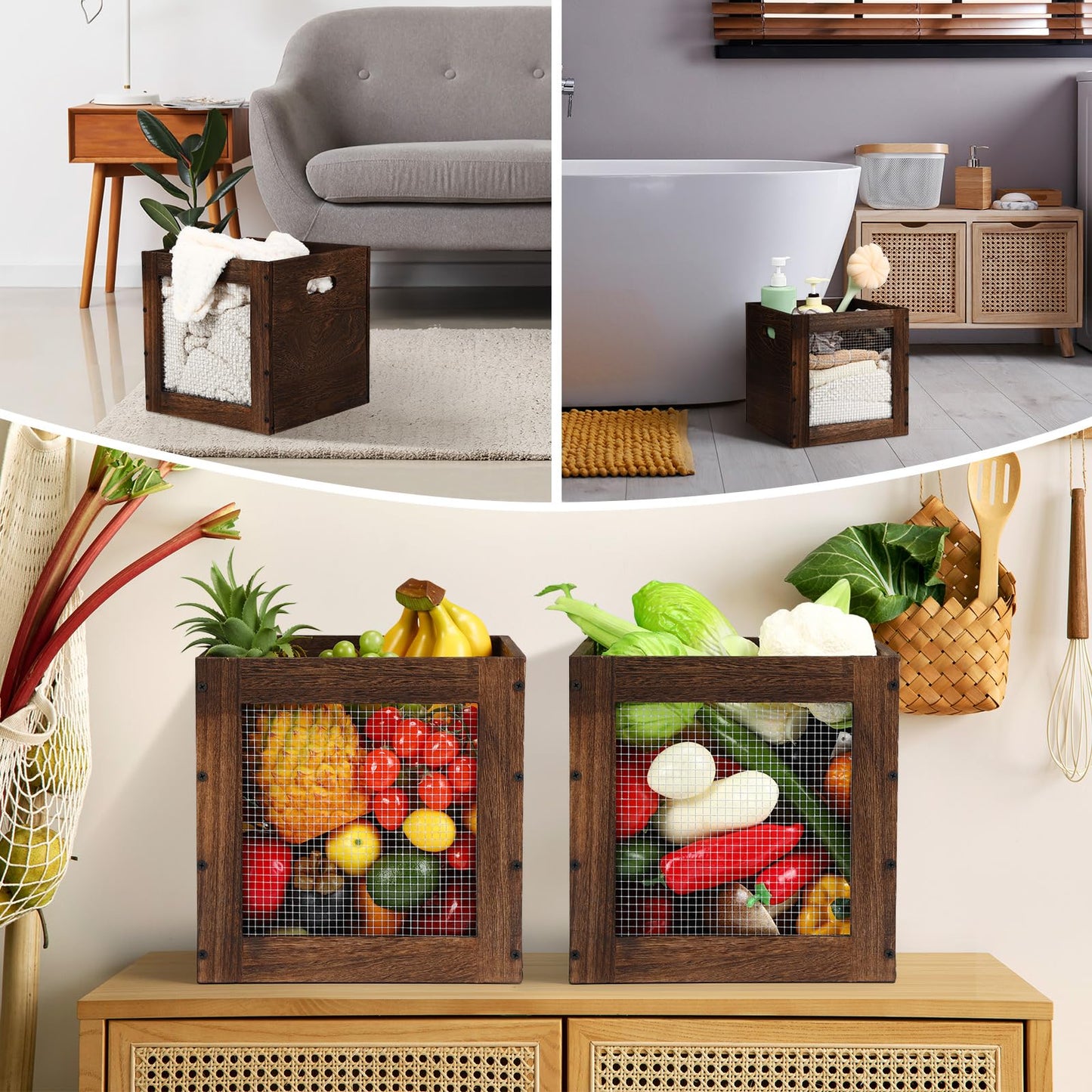 Colingmill 2 Pack Stackable Wood Storage Bins with Metal Wire and Handles 11 x 11 x 11 Inch, 22l Cube Vinyl Record Holder Wooden Storage Crate Basket for Shelve Fruit Vegetable Pantry Toy(Walnut)