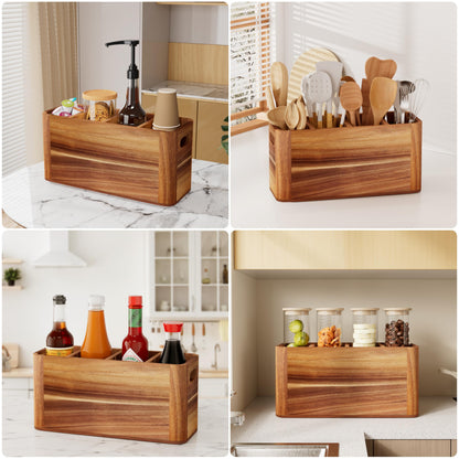 Segtenant Utensil Holder for Kitchen Counter, Extra Large Utensil Holder for Countertop with 4 Compartments Wooden Cooking Utensil Organizer for Spatula Kitchen Storage, Acacia Wood