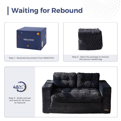 MAXYOYO Convertible Sofa Bed, Pull Out Loveseat Sleeper Sofa, 2 in 1 Folding Couch Bed, Fold Out Floor Couch with Pillows for Living Room Bedroom Lounge, Black