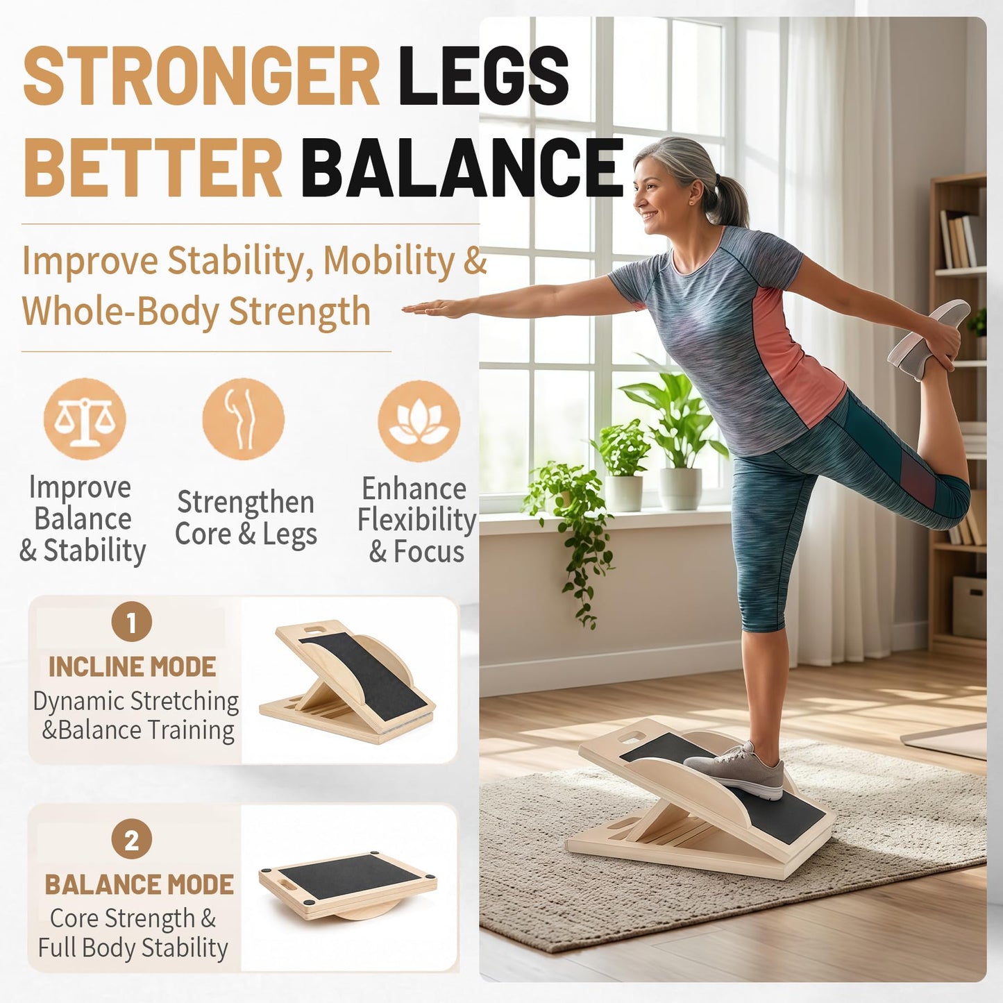 Foxellent Wooden Slant Board & Calf Stretcher, 3-in-1 Balance Board