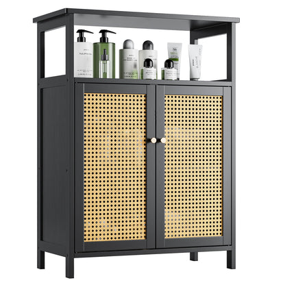 vovala Bamboo Floor Rattan Cabinet, Bathroom Storage Organizer Rack with 2 Doors and 1 Shelf, Space Saving Wood Kitchen Cupboard, Hallway Side Table, Living Room Freestanding Stand (Black)