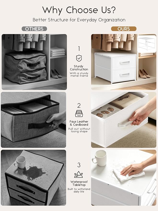 Homsorout 2 Drawers for Closet - Small Stackable Storage Organizer, Fabric Dresser Nightstand with Wooden Top & Metal Frame, Closet Drawer Organizers and Storage for Bedroom, Entryway, Dorm, White