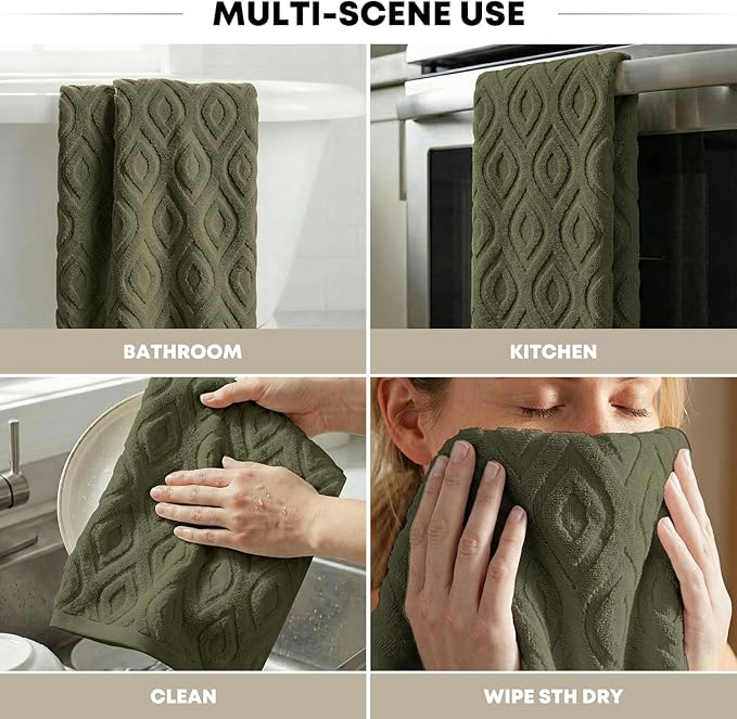 Artoid Mode 2 Pcs Olive Green 3D Diamond Grid Jacquard Hand Towels