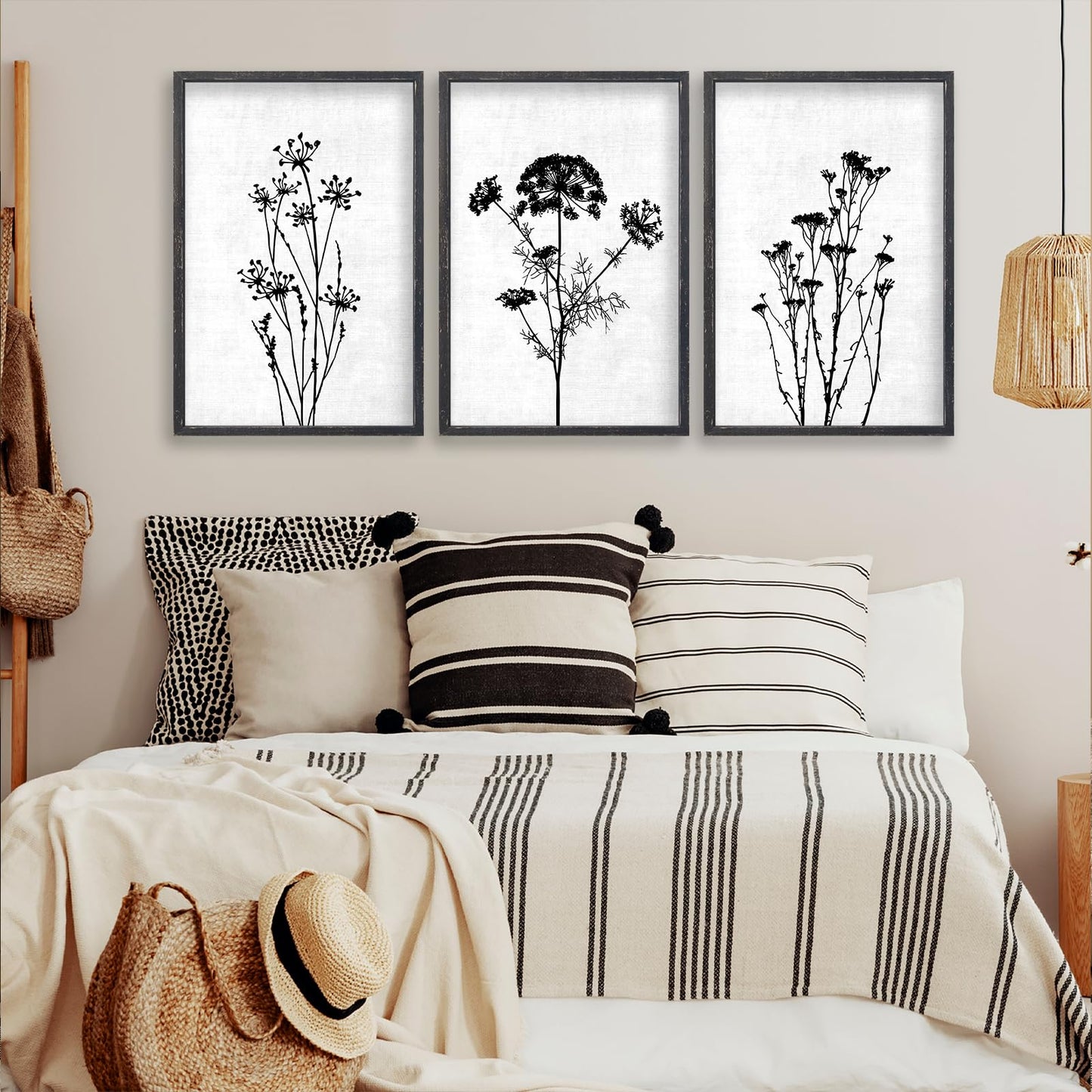 Flower Plant Wall Art Decor 16"x11" Set of 3 Black And White Botanical Painting Wood Framed For Minimalist Bedroom Office Rustic Living Room Abstract Wildflower Sign Hanging (Black)