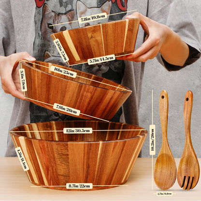 Yunlly Wooden Salad Bowl Set of 5 - Large Fruit Mixing Bowls with Salad Servers Utensils for Serving Dining Accessory - Handmade - Acacia Wood - Large 12", Medium 10", Small 8" (Wavy Design)