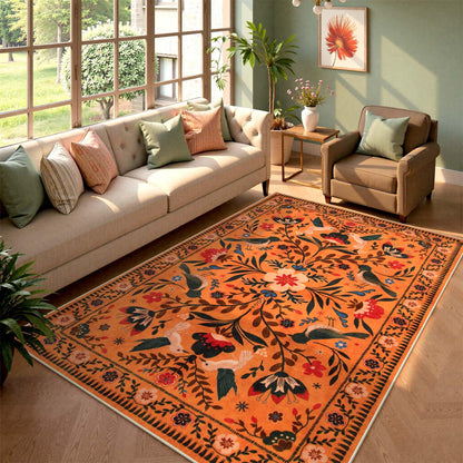 Moynesa Bedroom Rug 5x7, Washable Bohemian Scandinavian Orange Area Rugs for Living Room Dining Room Reading Coner, Modern Country Floral Bird Carpet, Fall Home Decor Non-Slip Protection