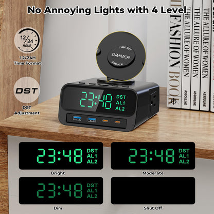 Kungfuking Digital Alarm Clock with Magsafe Wireless Charging 15W for Bedroom, Nightstand Dorm Room Hotel Clock, 4 USB A&C 55W Fast Charging, 2 AC Outlets, Dual Alarm Clock, Snooze, Dimmable, DST