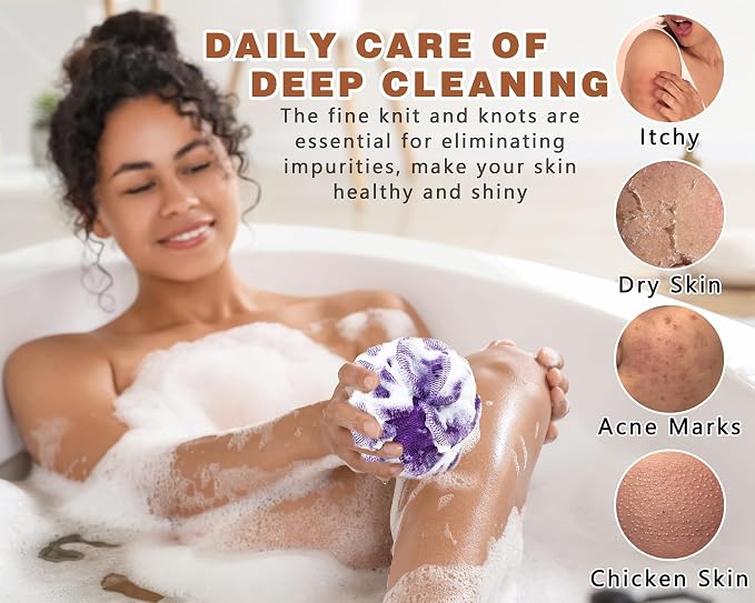 2 Pack African Net Sponge Exfoliating Body Scrubber Bath Sponge for Daily Use (Light Purple+Dark Purple)