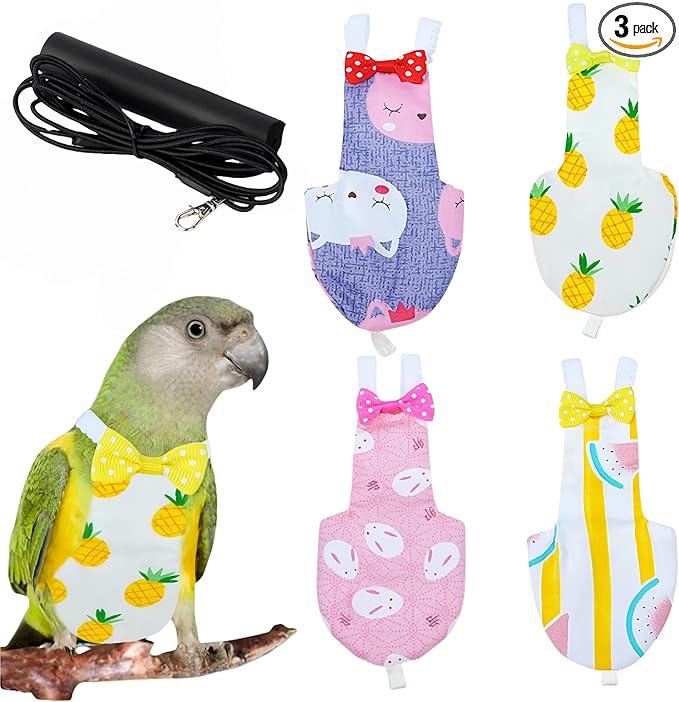 2Pcs Bird Diapers Bird Harness Flight Suits Diapers with 80 Inch Flying Leash Parrot Nappy Washable Cute Urine Wet Suit for Cockatiel Conure Macaw Budgies Parakeet-Rabbit&Pineapple,M